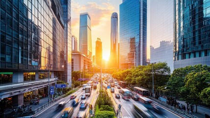 Obraz premium Golden Hour in a Bustling City Street