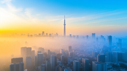 Fototapeta premium Aerial view skyscrapers rising above dense fog during sunrise.
