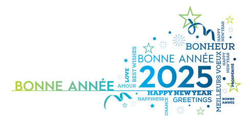 carte de voeux Bonne ann&eacute;e 2025 nuage de mots bleu vert