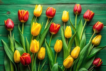 Obraz premium Vibrant Yellow and Red Tulips on a Green Background - Nature Still Life Flat Lay with Rule of Thirds Composition
