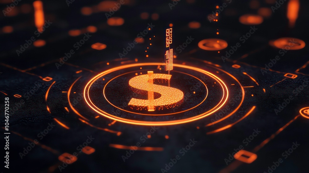 Poster a glowing dollar sign symbol on a futuristic interface, surrounded by a circle of light.