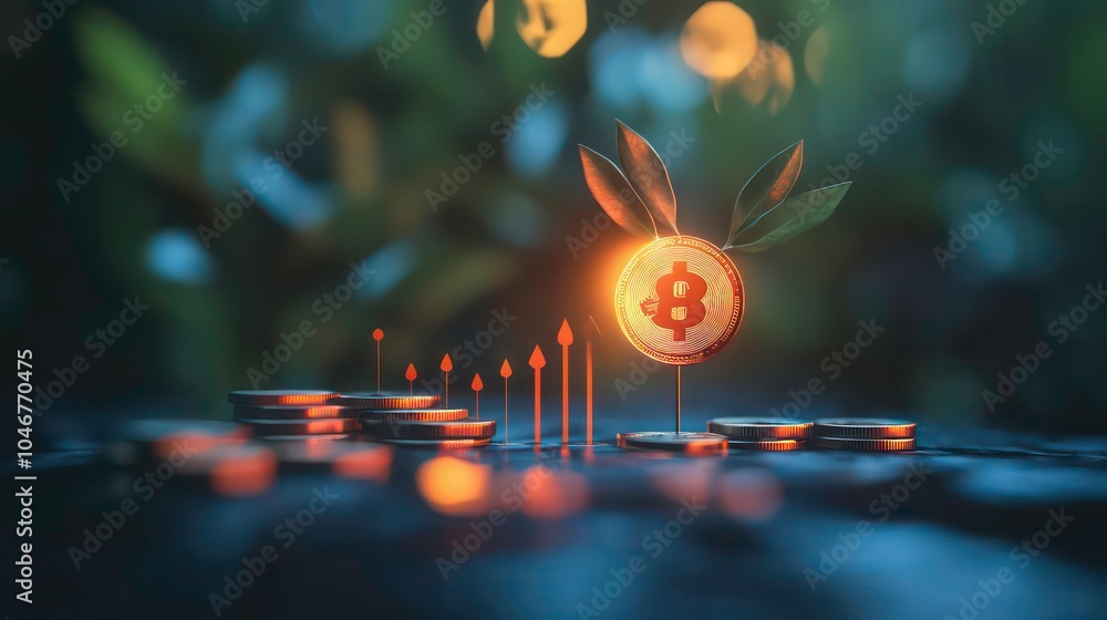 Aufkleber a glowing bitcoin coin with two green leaves growing from it, standing on a pile of coins.