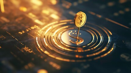 A golden dollar sign on a futuristic, digital background.