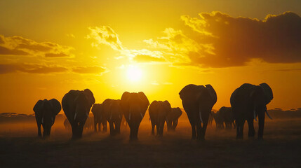 Obraz premium A herd of elephants walking toward the camera at sunset, with the sun glowing in the background.