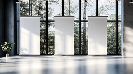Clean and empty mockup of three roll-up banners in a modern interior room