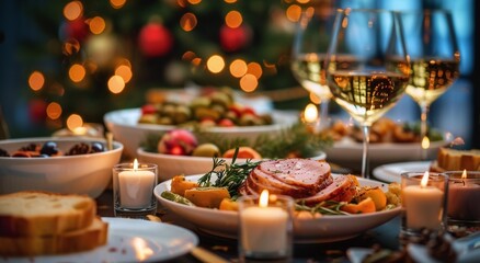 Fototapeta premium A beautiful Christmas dining table with a series of traditional dishes, including honey grilled ham and vegetables, and a glass filled with white wine in front of it