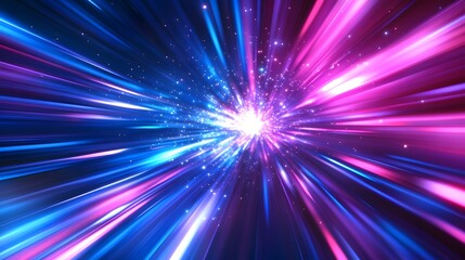 Fototapeta premium Neon light windows moving in to deep space center zoom effect, bright blue and pink. futuristic explosion of colors in the shape of blue windows. Modern futuristic. pattern-like scape. Background