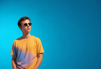 Young Man in Sunglasses Against Blue Background