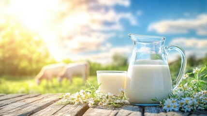 Fresh milk from pitcher into the glass with grass field and cows with a natural background,fresh milk ad template banner,Cows live on natural pastures, packaging with milk packs concept.