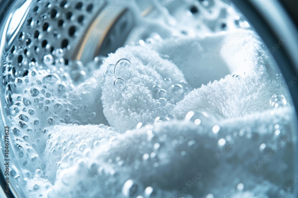 Aufkleber A washing machine drum is overflowing with white towels soaked in sudsy water while the laundry cycle is in progress. Generative AI