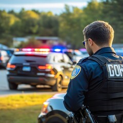 Police Officer Monitoring Traffic Stop, Law Enforcement in Action, Community Safety and Security