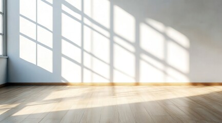 Une pièce lumineuse avec un parquet en bois clair, des murs vides et une fenêtre laissant entrer les rayons du soleil, créant de belles ombres.