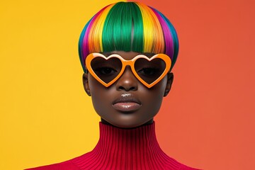 someone wearing a multicolored wig and heart glasses