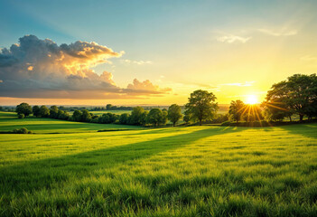 Sunny Meadow with Blooming Daisies and Green Hills