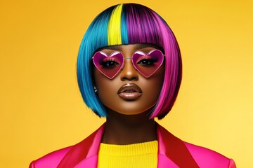 someone wearing a multicolored wig and heart glasses