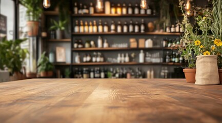 Obraz premium Une table de bar en bois rustique avec des étagères de bouteilles d'alcool et des plantes en arrière-plan, créant une atmosphère accueillante pour la présentation de produits.