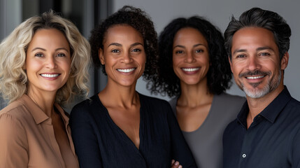 A realistic, friendly group portrait of five office workers of different ethnicities, standing together in a line and looking directly at the camera. Each person has a genuine smil