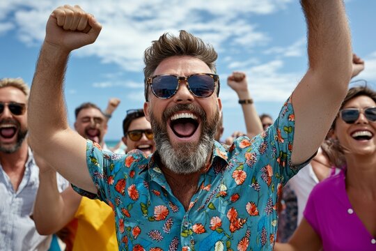 group of men and women, dancing with their hands in the air and having fun with friends at a beachside restaurant