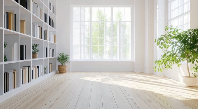 Pi&egrave;ce d'habitation avec plancher en bois, mur blanc, fen&ecirc;tre, biblioth&egrave;que et plante verte, lumi&egrave;re du soleil traversante, concept de design d'int&eacute;rieur scandinave.