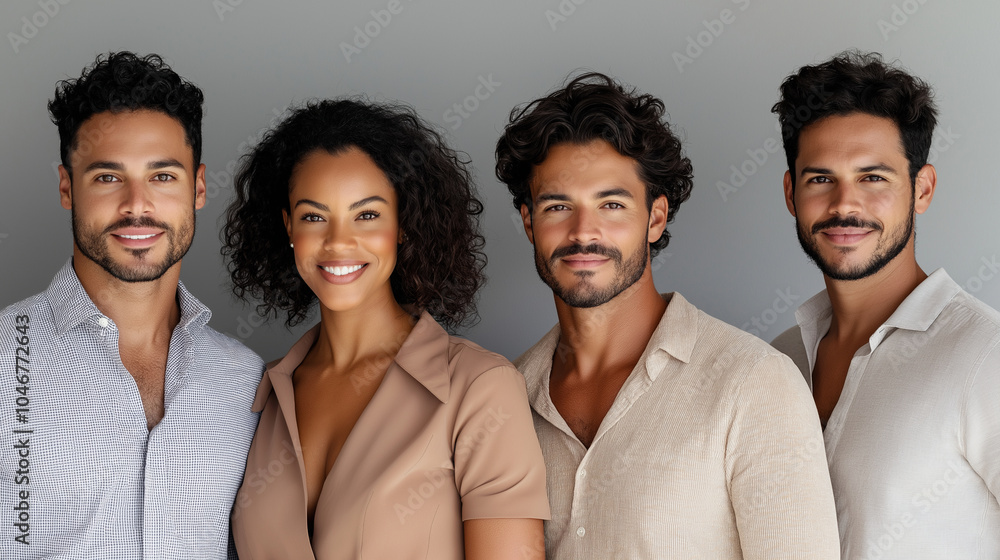 Wall mural a friendly, realistic photo of five office colleagues of diverse ethnicities, standing together in a