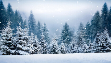 Obraz premium Snowy forest scene with frosty winter landscape and fir trees against a blurred backgro_1(756)