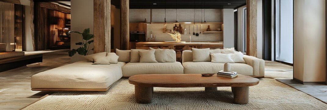 Salon rustique et &eacute;l&eacute;gant avec un canap&eacute; beige, une table basse en bois et un tapis textur&eacute;. D&eacute;coration int&eacute;rieure minimaliste d'un appartement ou d'une maison moderne.