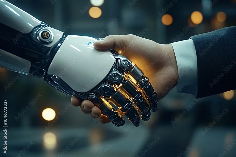 Poster businessman shaking hands with a robot in a factory, symbolizing the collaboration between humans an