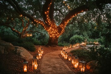 Obraz premium enchanted outdoor wedding, a magical outdoor wedding under an ancient oak tree with twinkling lights in the branches and lanterns along the path
