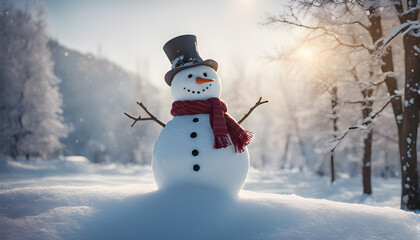 Happy snowman standing outside on a winters day. Concept of winter, snow and childhood. Shallow field. generative ai.