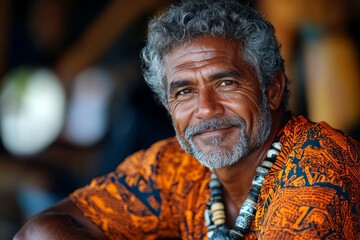 Obraz premium Close portrait of a smiling 40s Solomon Islander man looking at the camera, Solomon Islander outdoors blurred background