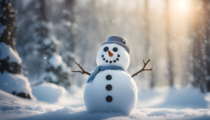 Obraz premium Happy snowman standing outside on a winters day. Concept of winter, snow and childhood. Shallow field. generative ai.