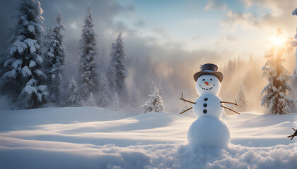 Fototapeta premium Happy snowman standing outside on a winters day. Concept of winter, snow and childhood. Shallow field. generative ai.