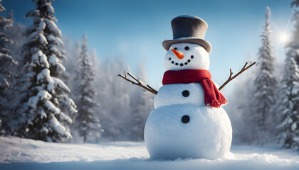 Happy snowman standing outside on a winters day. Concept of winter, snow and childhood. Shallow field. generative ai.