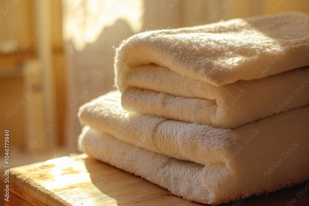 Leinwandbilder Neatly stacked soft towels rest on a wooden surface, illuminated by the warm afternoon light filtering through a window. Generative AI