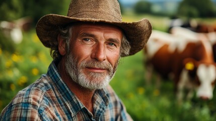Fototapeta premium beautiful smiling farmer 50 years old on the background of a field with cows on a sunny summer day,