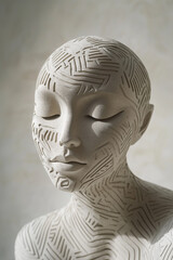 Serene Woman Sculpted from Microcement with Intricate Geometric Patterns