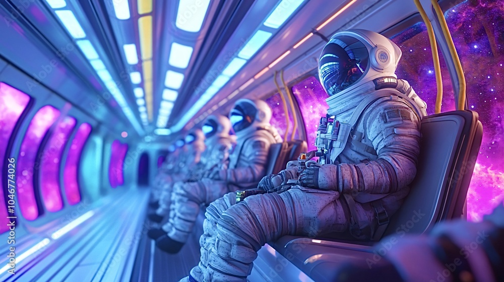 Poster astronauts are commuting through space. suggesting the concept of space tourism and the normalizatio