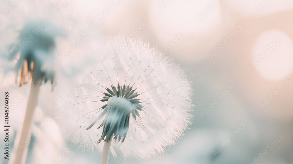 Poster macro shot of delicate dandelion seeds in soft light, creating a dreamy, ethereal atmosphere.