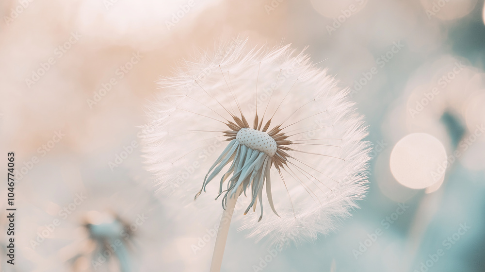 Poster macro shot of delicate dandelion seeds in soft light, creating a dreamy, ethereal atmosphere.