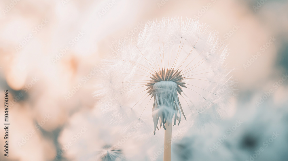 Poster Macro shot of delicate dandelion seeds in soft light, creating a dreamy, ethereal atmosphere.