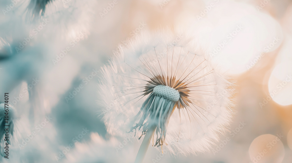 Poster macro shot of delicate dandelion seeds in soft light, creating a dreamy, ethereal atmosphere.