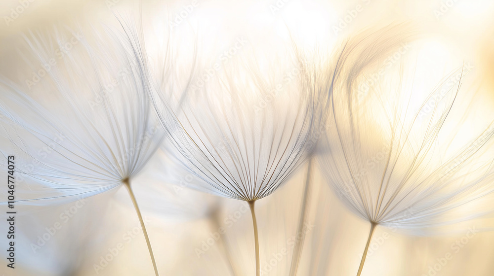 Poster macro shot of delicate dandelion seeds in soft light, creating a dreamy, ethereal atmosphere.