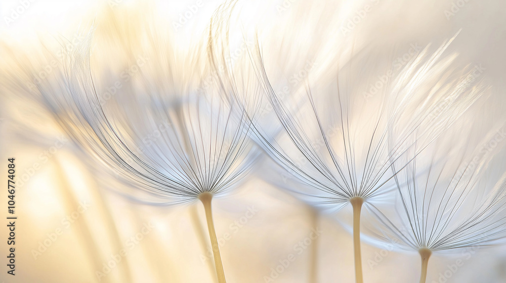 Aufkleber macro shot of delicate dandelion seeds in soft light, creating a dreamy, ethereal atmosphere.