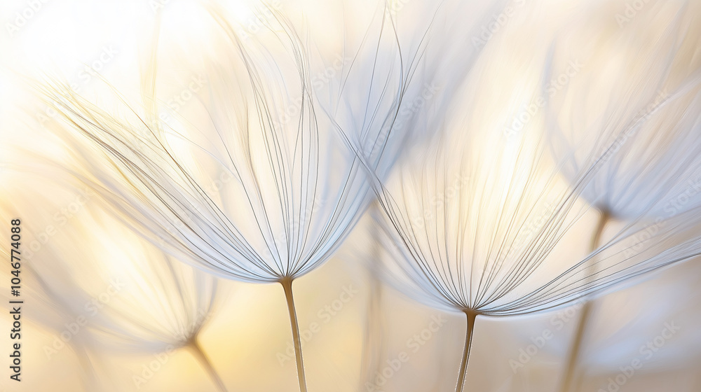 Poster macro shot of delicate dandelion seeds in soft light, creating a dreamy, ethereal atmosphere.