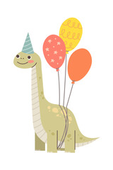 Cute painted dinosaur for his birthday. Baby dinosaur on white background with orbs and cap. Vector isolated reptile