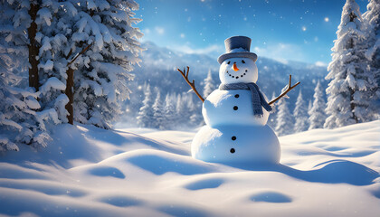 Fototapeta premium Happy snowman standing outside on a winters day. Concept of winter, snow and childhood. Shallow field. generative ai.