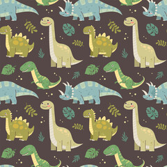 Seamless dinosaur pattern for kids. Drawing dinosaurs on brown background. Baby fabric swatch