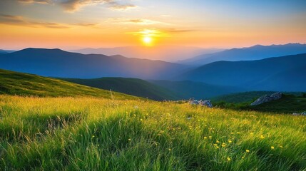 Beautiful Mountain Vista at Sunset with Rolling Green Hills and Distant Blue Mountains