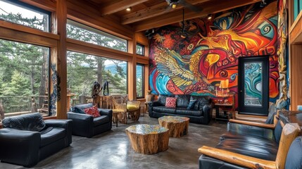 Fototapeta premium Colorful Art in Cozy Living Room with Nature View