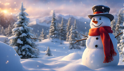 Obraz premium Happy snowman standing outside on a winters day. Concept of winter, snow and childhood. Shallow field. generative ai.